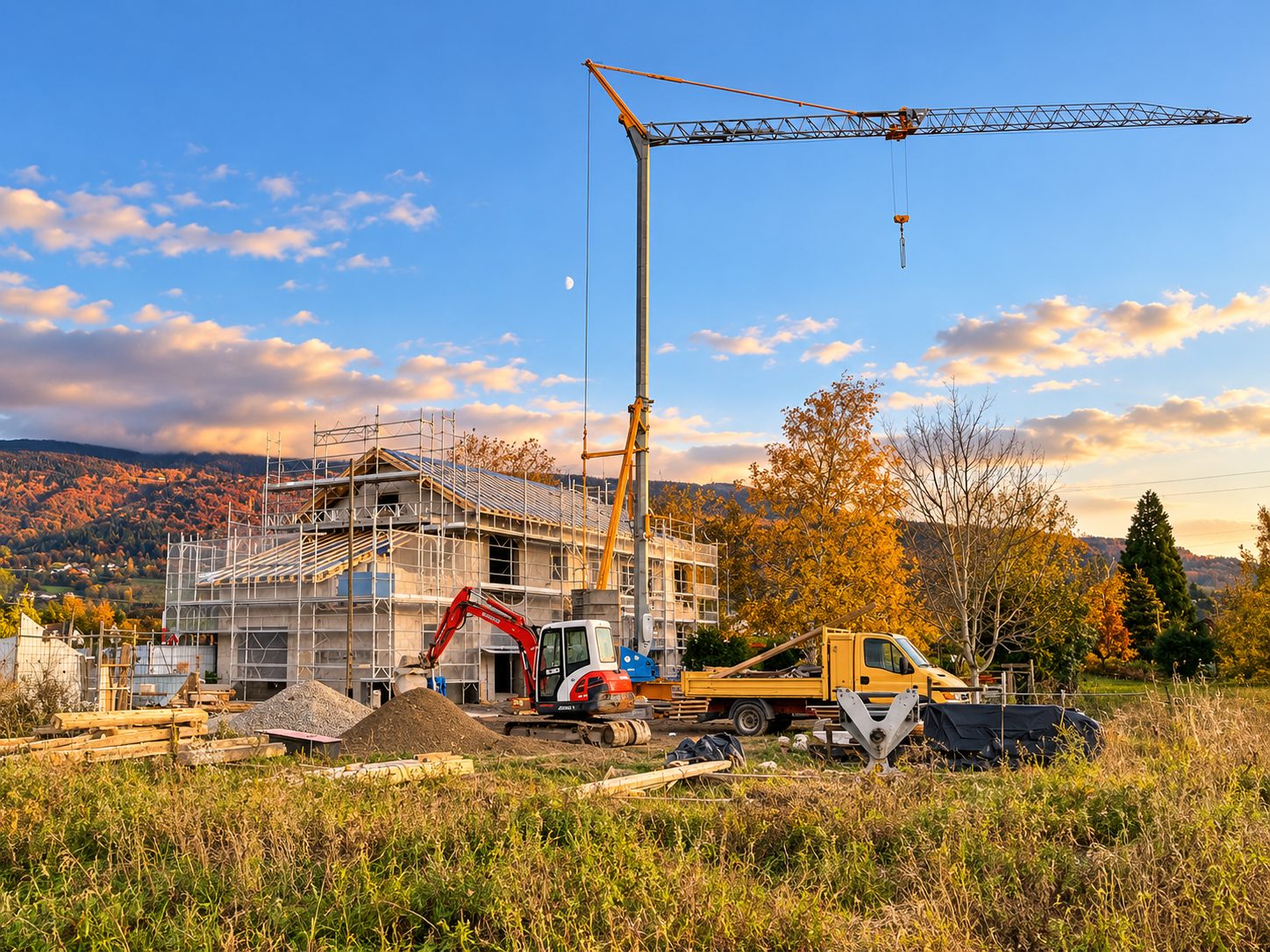 Construction d'une maison avec grue et échafaudages, chantier IKRA